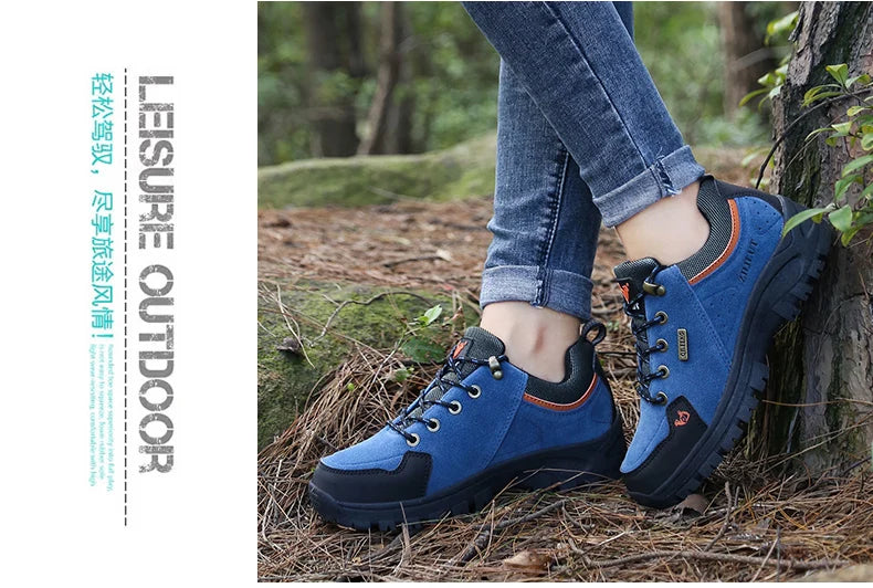 2025 Unisex Leather Hiking Shoes Men Winter Warm Fur Non Slip Sneakers Women Suede Outdoor Footwear Boy Spring Summer Waterproof