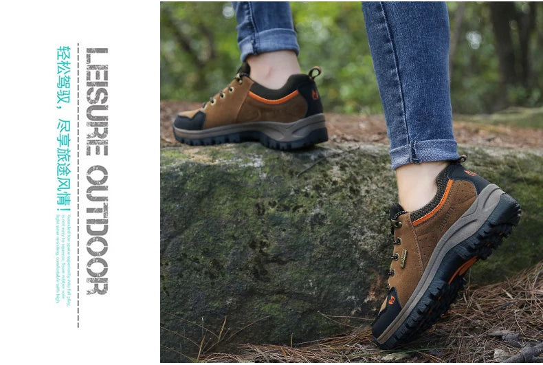 2025 Unisex Leather Hiking Shoes Men Winter Warm Fur Non Slip Sneakers Women Suede Outdoor Footwear Boy Spring Summer Waterproof