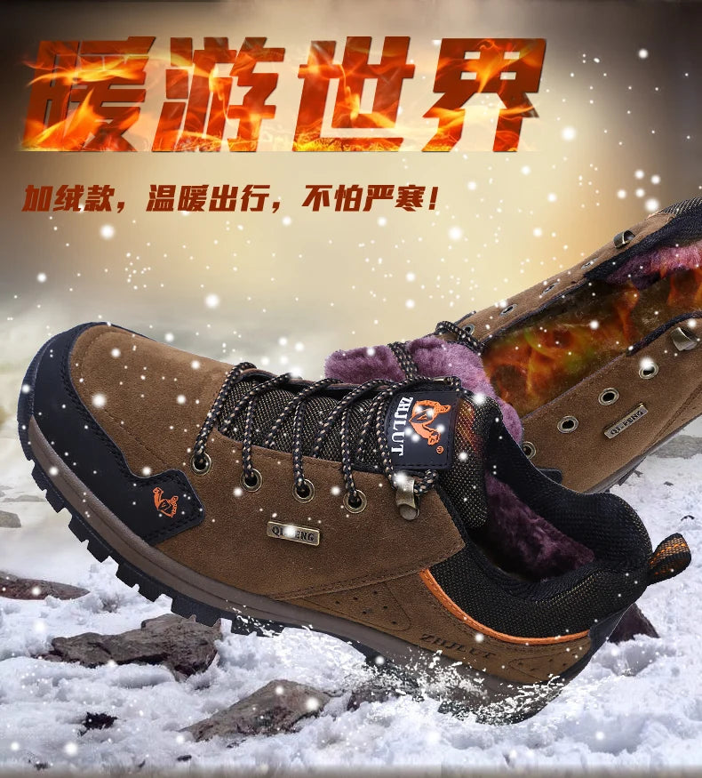 2025 Unisex Leather Hiking Shoes Men Winter Warm Fur Non Slip Sneakers Women Suede Outdoor Footwear Boy Spring Summer Waterproof