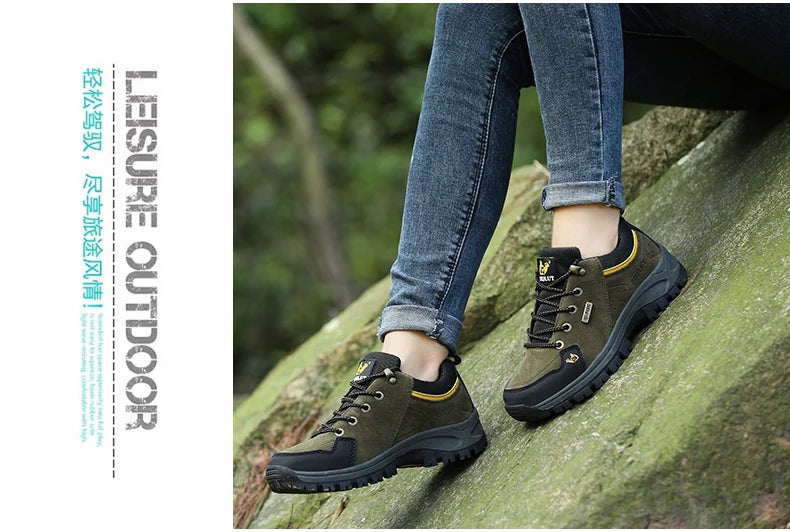 2025 Unisex Leather Hiking Shoes Men Winter Warm Fur Non Slip Sneakers Women Suede Outdoor Footwear Boy Spring Summer Waterproof