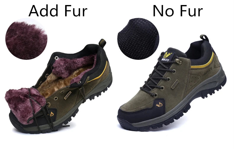 2025 Unisex Leather Hiking Shoes Men Winter Warm Fur Non Slip Sneakers Women Suede Outdoor Footwear Boy Spring Summer Waterproof