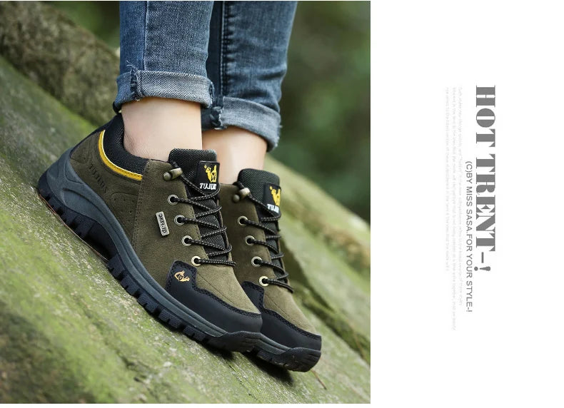 2025 Unisex Leather Hiking Shoes Men Winter Warm Fur Non Slip Sneakers Women Suede Outdoor Footwear Boy Spring Summer Waterproof