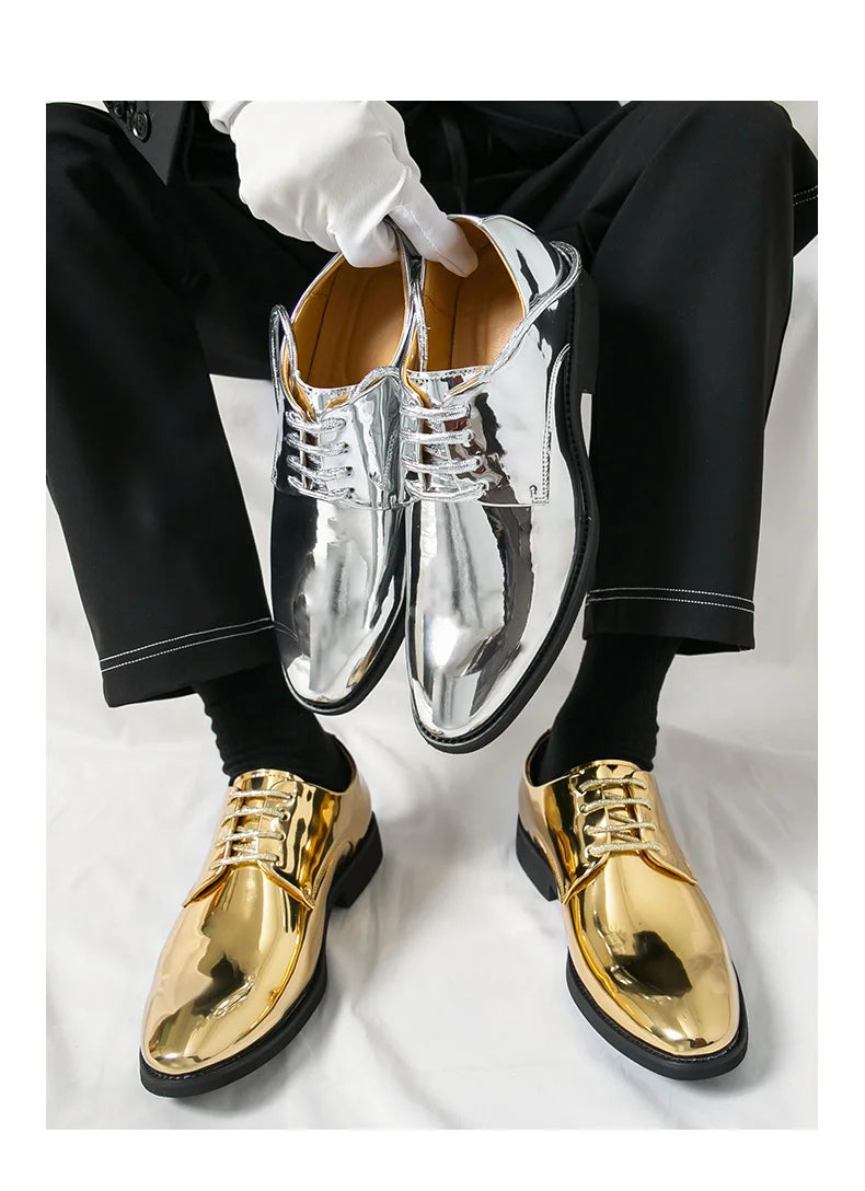 Luxury Silver Man Patent Leather Shoes Large Size 38-50 Party Dress Wedding Shoes Men Pointed toe Leather Shoes Designer Oxford