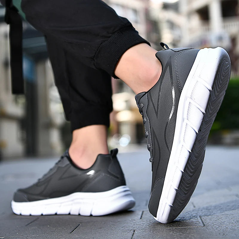 YRZL Black Running Shoes Leather Waterproof Athletic Sneakers Men Wear-resistant Men Walking Sport Shoes Comfortable Men Shoes