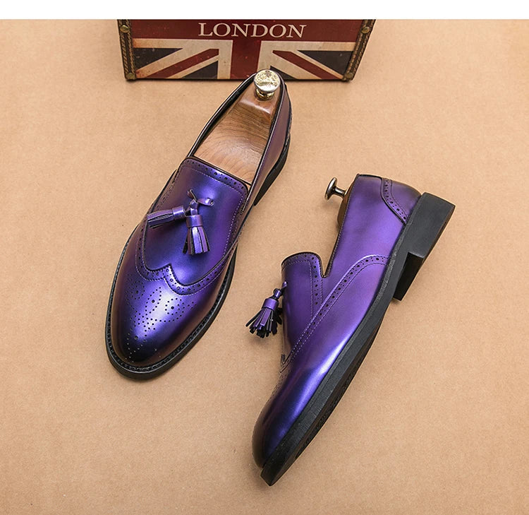 Purple Dress Shoes Man Brogue Shoes Big Size 38-48 Comfortable Slip-On Flat Social Shoe Male Fashion Tassels Mens Leather Shoes