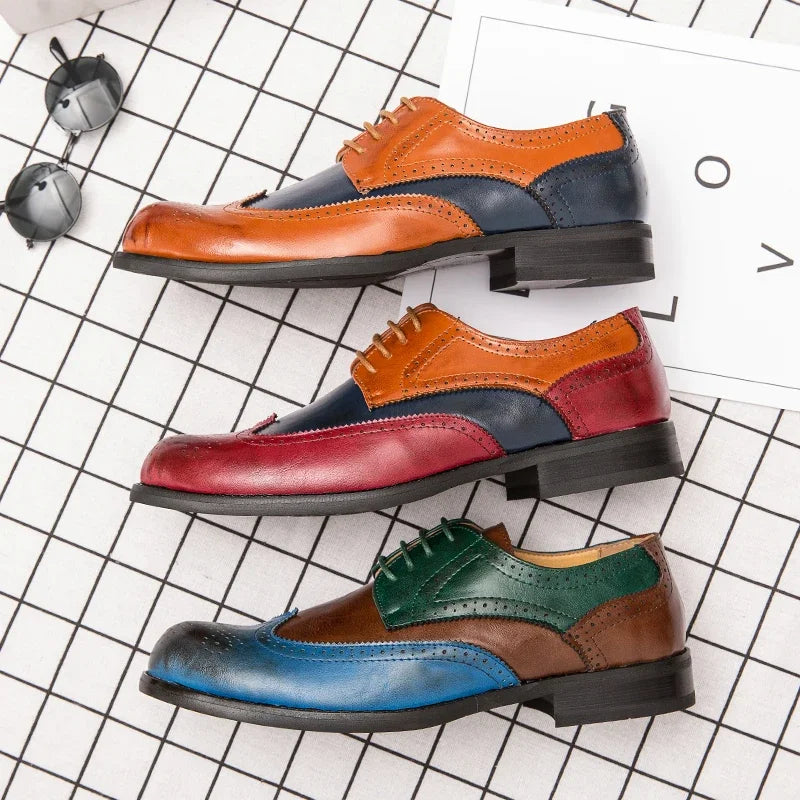 Brown Men's Formal Business Shoes Italian Brand Brogue Color Matching Oxford Dress Leather Shoes Men Fashion Wedding Party Shoes