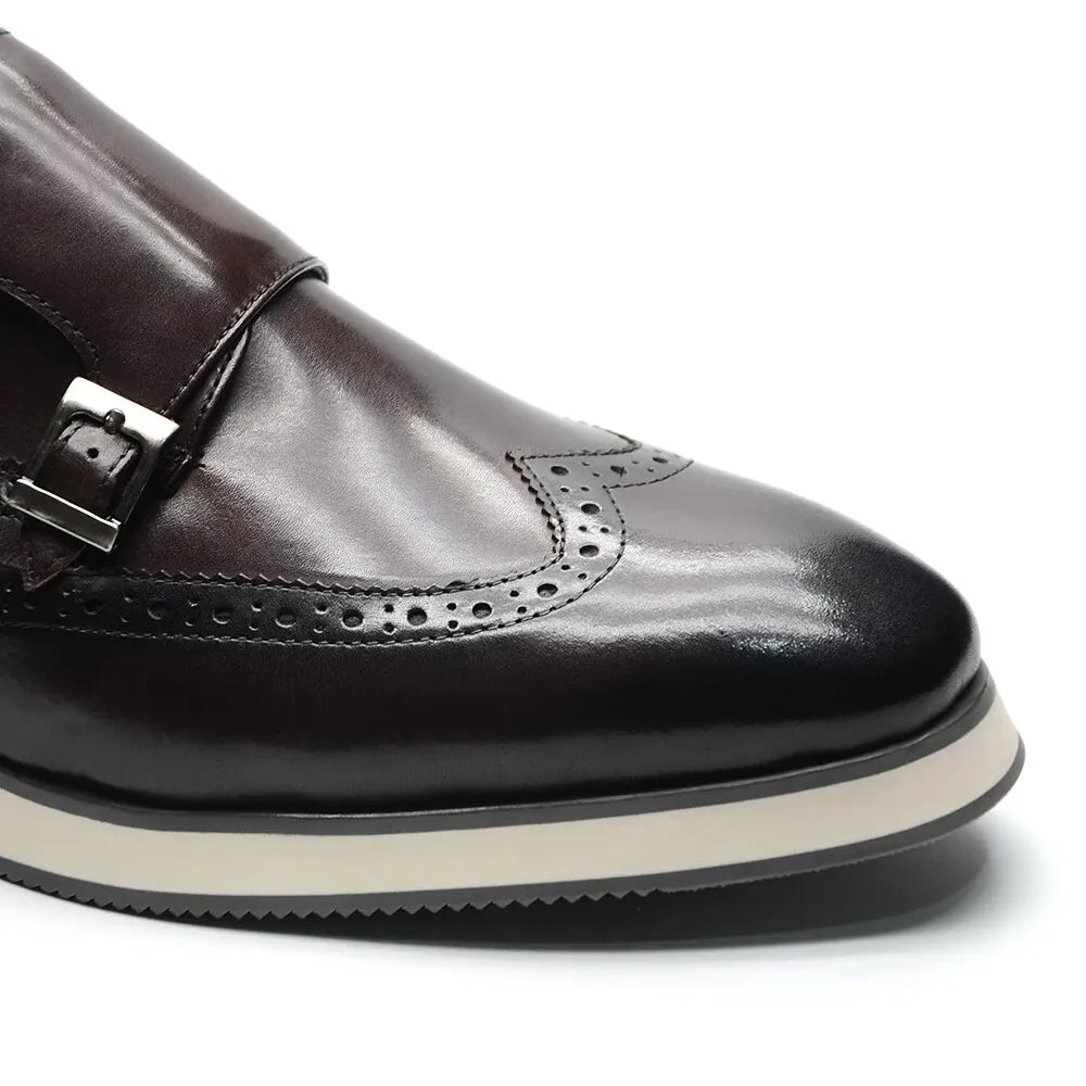 European Luxury Men Sneakers Genuine Cow Leather Monk Strap Basic Double Buckles Wingtip Brogue Casual Office Party Mens Shoes