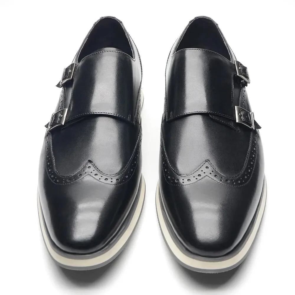 European Luxury Men Sneakers Genuine Cow Leather Monk Strap Basic Double Buckles Wingtip Brogue Casual Office Party Mens Shoes