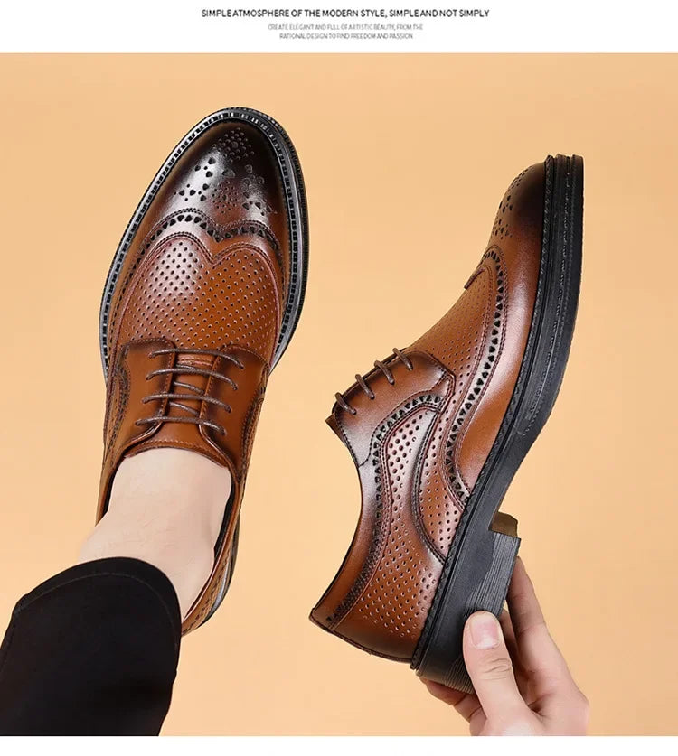 Men's Business Formal Hollow out Brogue Shoes Wedding Casual British Style Leather Shoes Rubber Sole Adult Daily Wear