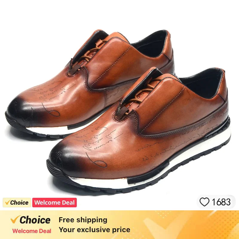 European Luxury Men Sneakers Genuine Cow Leather Monk Strap Basic Double Buckles Wingtip Brogue Casual Office Party Mens Shoes