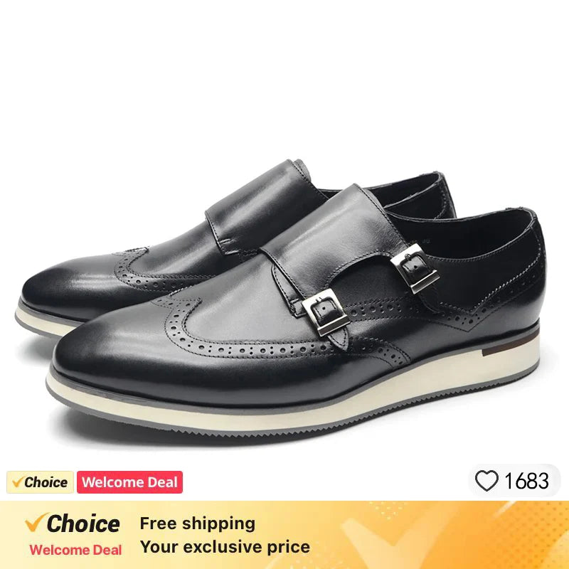 European Luxury Men Sneakers Genuine Cow Leather Monk Strap Basic Double Buckles Wingtip Brogue Casual Office Party Mens Shoes