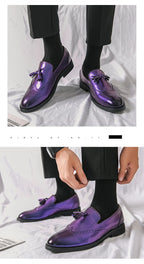 Purple Dress Shoes Man Brogue Shoes Big Size 38-48 Comfortable Slip-On Flat Social Shoe Male Fashion Tassels Mens Leather Shoes