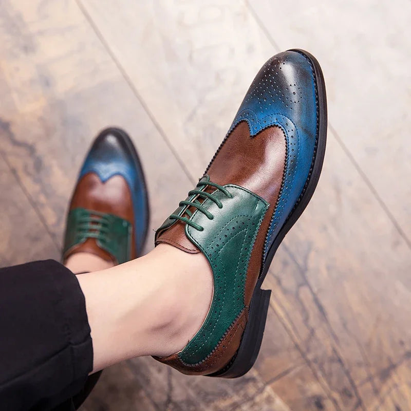 Brown Men's Formal Business Shoes Italian Brand Brogue Color Matching Oxford Dress Leather Shoes Men Fashion Wedding Party Shoes