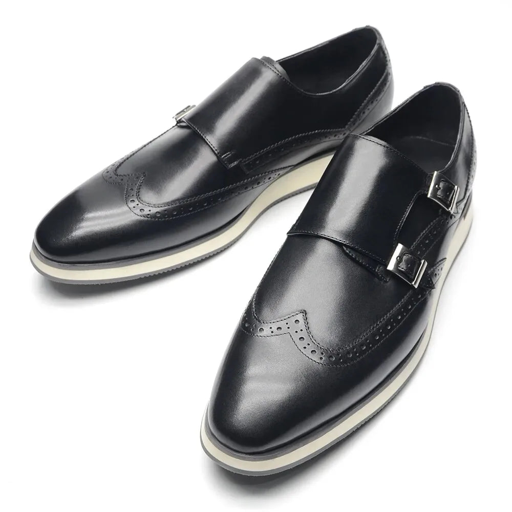 European Luxury Men Sneakers Genuine Cow Leather Monk Strap Basic Double Buckles Wingtip Brogue Casual Office Party Mens Shoes