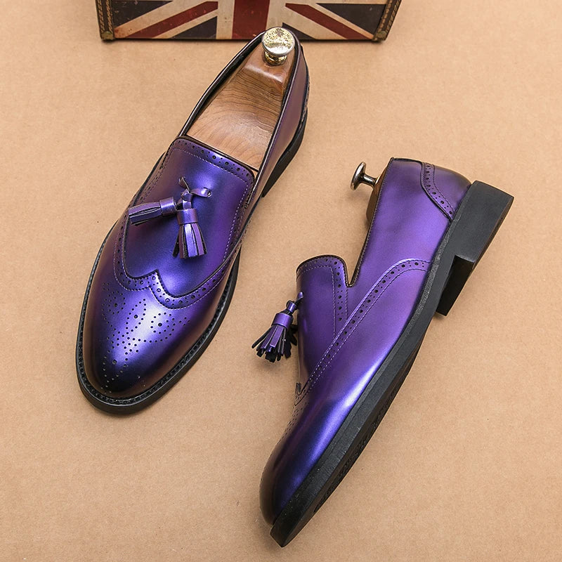 Purple Dress Shoes Man Brogue Shoes Big Size 38-48 Comfortable Slip-On Flat Social Shoe Male Fashion Tassels Mens Leather Shoes