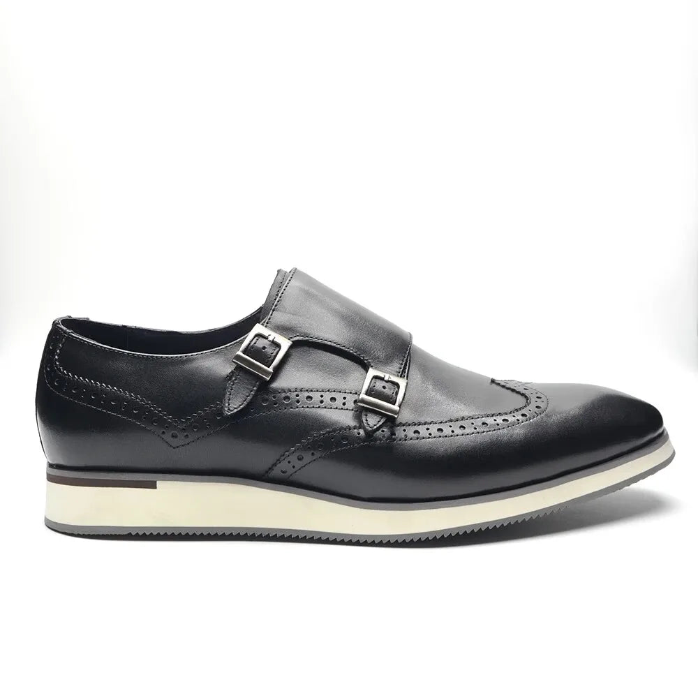 European Luxury Men Sneakers Genuine Cow Leather Monk Strap Basic Double Buckles Wingtip Brogue Casual Office Party Mens Shoes