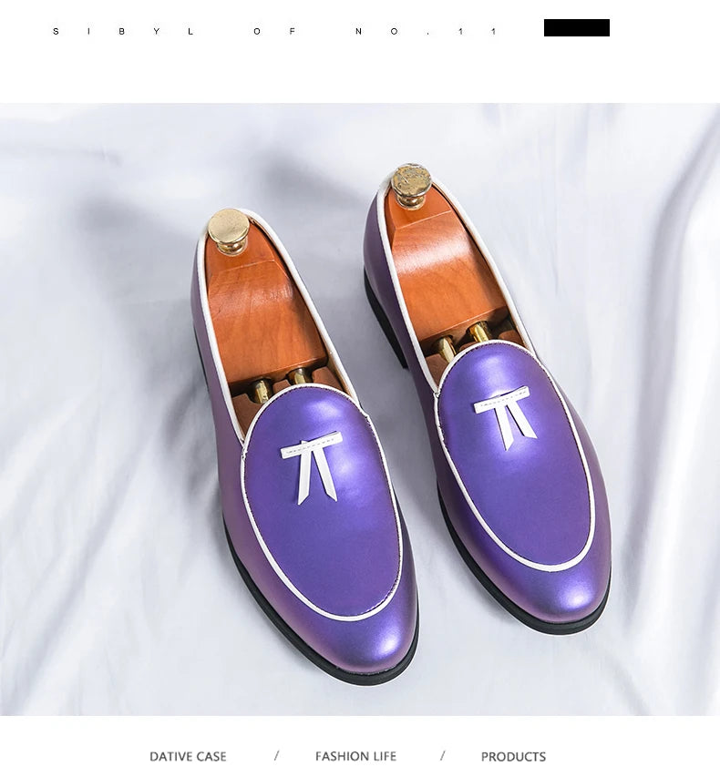 HKDQ Fashion Purple Men's Dress Shoes Trendy Slip-on Social Elegant Evening Shoes Man Lightweight Leather Loafers Shoes For Men