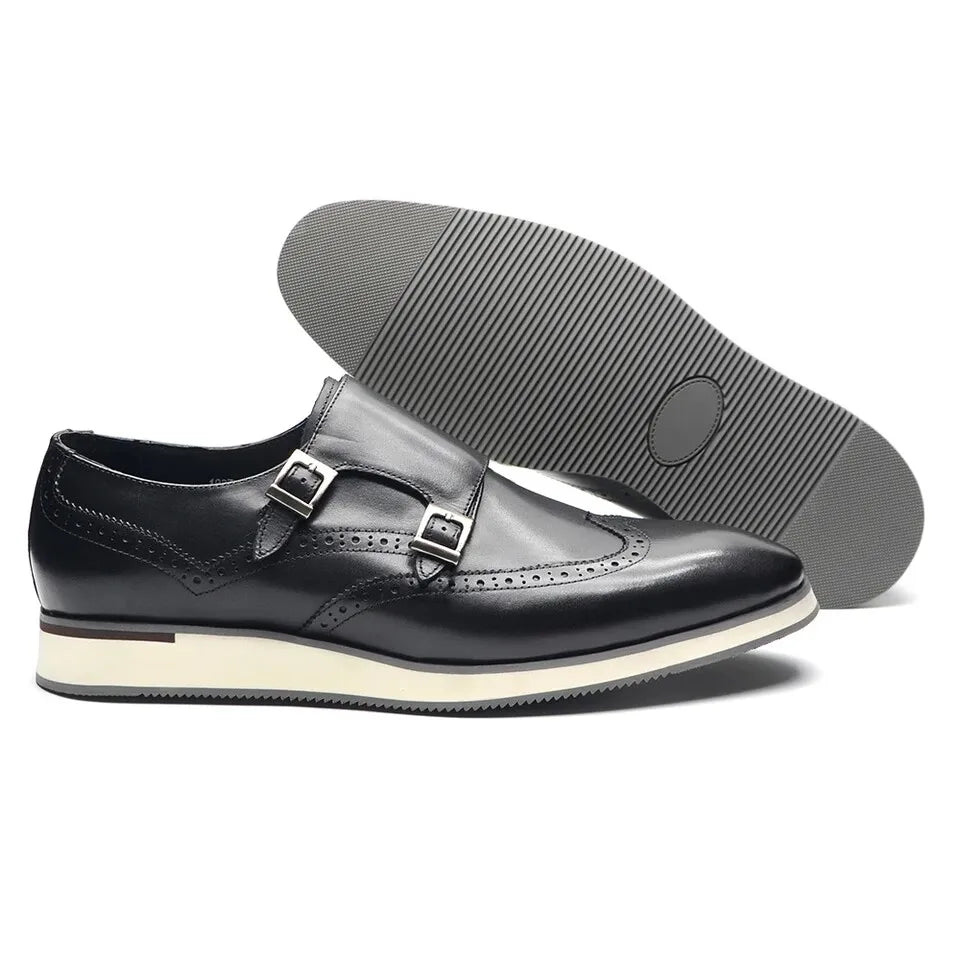 European Luxury Men Sneakers Genuine Cow Leather Monk Strap Basic Double Buckles Wingtip Brogue Casual Office Party Mens Shoes