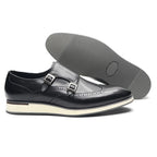 European Luxury Men Sneakers Genuine Cow Leather Monk Strap Basic Double Buckles Wingtip Brogue Casual Office Party Mens Shoes