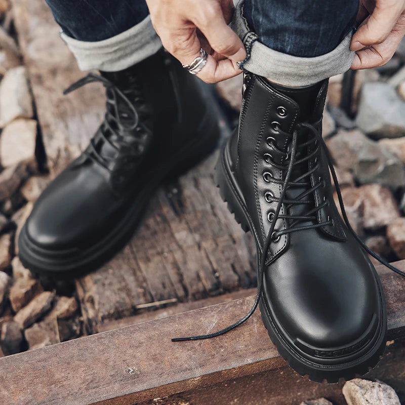 Men's High-quality British Chelsea Luxury Leather Fashion Workwear Motorcycle Trendy Shoes Platform Spring Black Men's Shoes