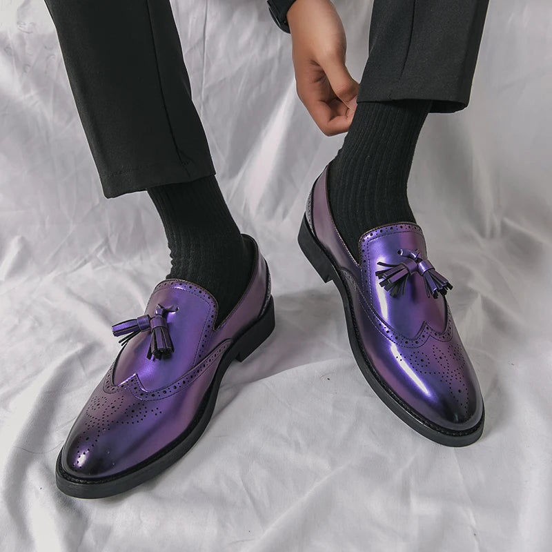 Purple Dress Shoes Man Brogue Shoes Big Size 38-48 Comfortable Slip-On Flat Social Shoe Male Fashion Tassels Mens Leather Shoes