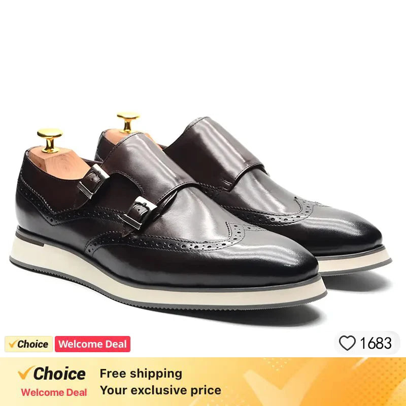 European Luxury Men Sneakers Genuine Cow Leather Monk Strap Basic Double Buckles Wingtip Brogue Casual Office Party Mens Shoes