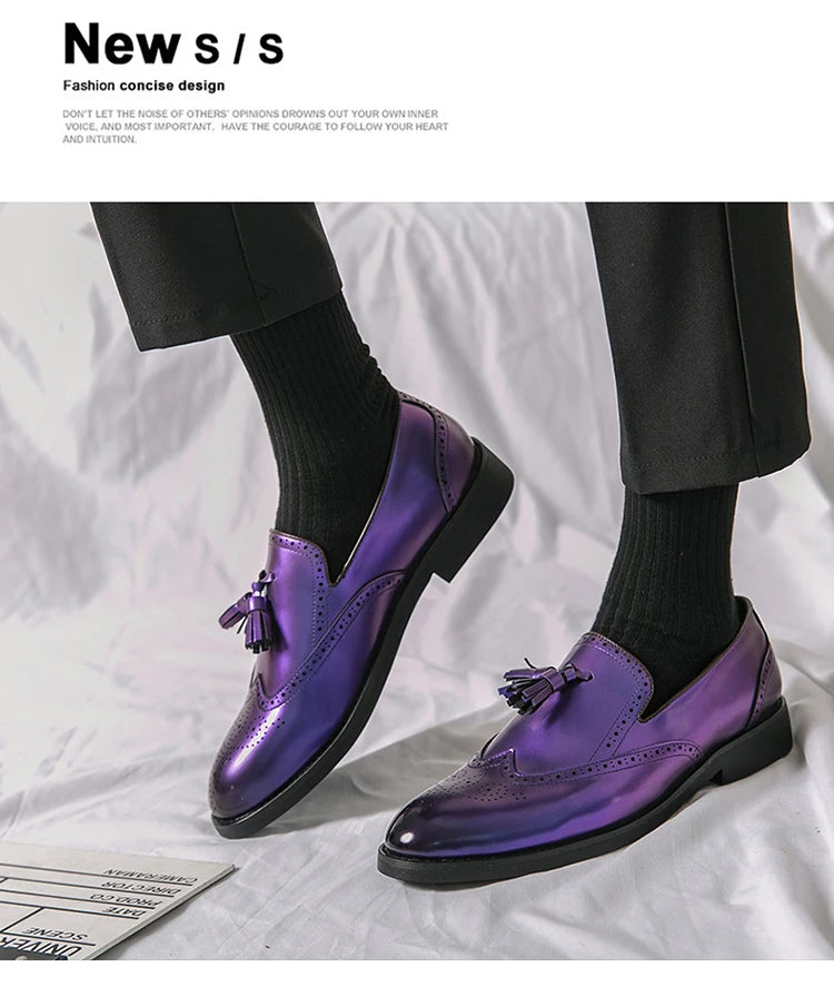 Purple Dress Shoes Man Brogue Shoes Big Size 38-48 Comfortable Slip-On Flat Social Shoe Male Fashion Tassels Mens Leather Shoes