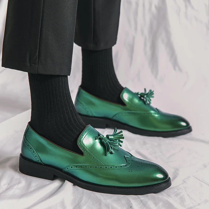 Purple Dress Shoes Man Brogue Shoes Big Size 38-48 Comfortable Slip-On Flat Social Shoe Male Fashion Tassels Mens Leather Shoes