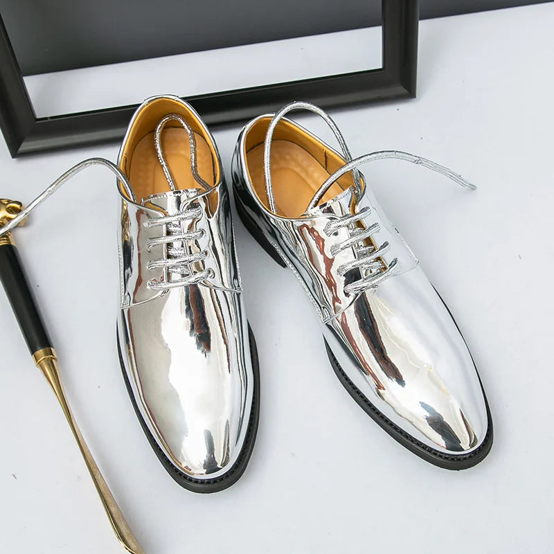 Luxury Silver Man Patent Leather Shoes Large Size 38-50 Party Dress Wedding Shoes Men Pointed toe Leather Shoes Designer Oxford