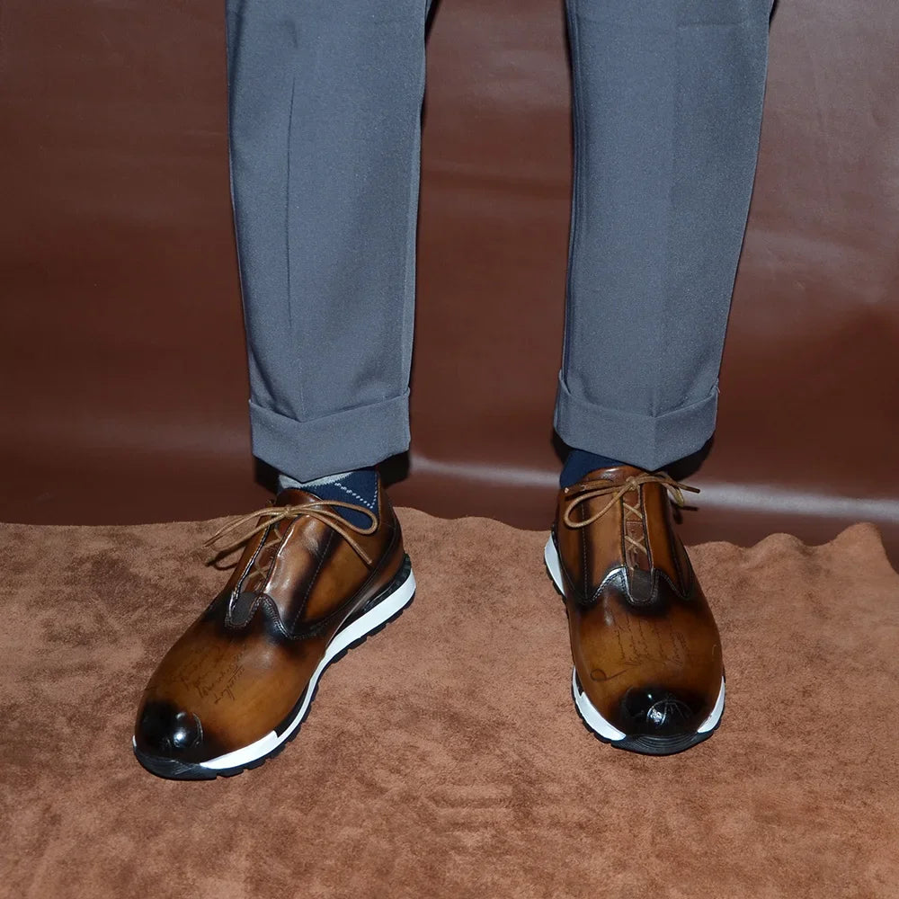 European Luxury Men Sneakers Genuine Cow Leather Monk Strap Basic Double Buckles Wingtip Brogue Casual Office Party Mens Shoes