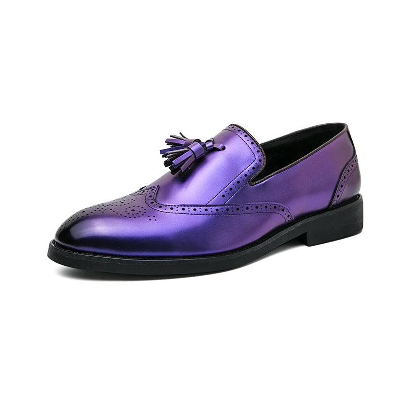 Purple Dress Shoes Man Brogue Shoes Big Size 38-48 Comfortable Slip-On Flat Social Shoe Male Fashion Tassels Mens Leather Shoes