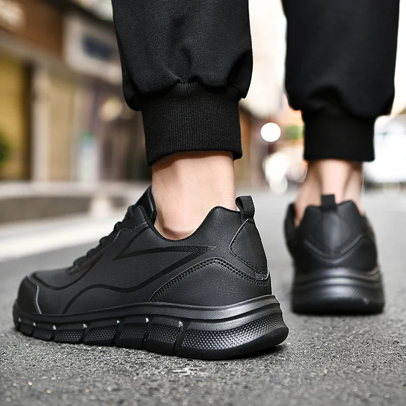 YRZL Black Running Shoes Leather Waterproof Athletic Sneakers Men Wear-resistant Men Walking Sport Shoes Comfortable Men Shoes