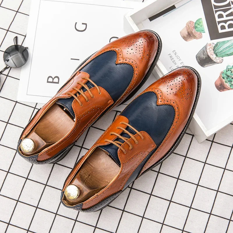 Brown Men's Formal Business Shoes Italian Brand Brogue Color Matching Oxford Dress Leather Shoes Men Fashion Wedding Party Shoes