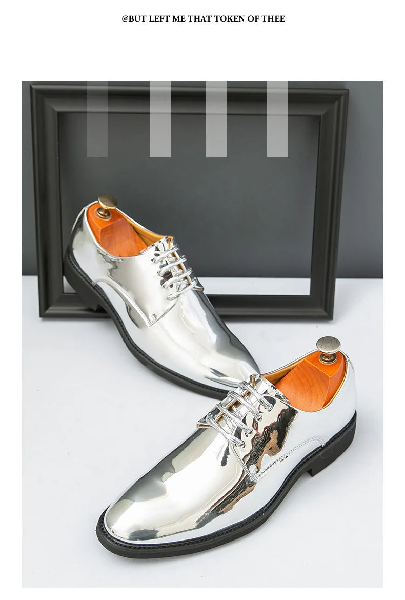 Luxury Silver Man Patent Leather Shoes Large Size 38-50 Party Dress Wedding Shoes Men Pointed toe Leather Shoes Designer Oxford