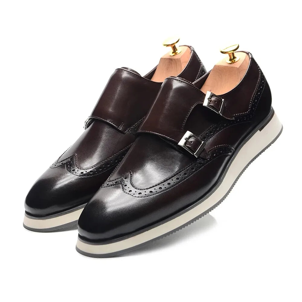 European Luxury Men Sneakers Genuine Cow Leather Monk Strap Basic Double Buckles Wingtip Brogue Casual Office Party Mens Shoes