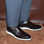 European Luxury Men Sneakers Genuine Cow Leather Monk Strap Basic Double Buckles Wingtip Brogue Casual Office Party Mens Shoes