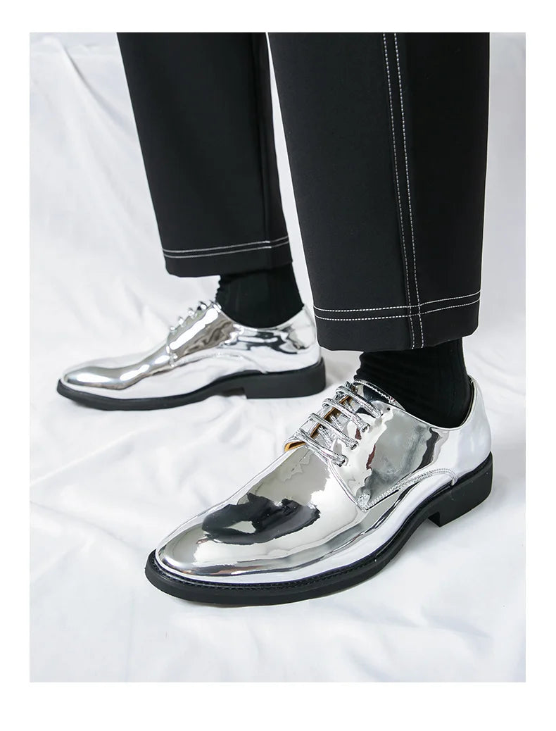 Luxury Silver Man Patent Leather Shoes Large Size 38-50 Party Dress Wedding Shoes Men Pointed toe Leather Shoes Designer Oxford