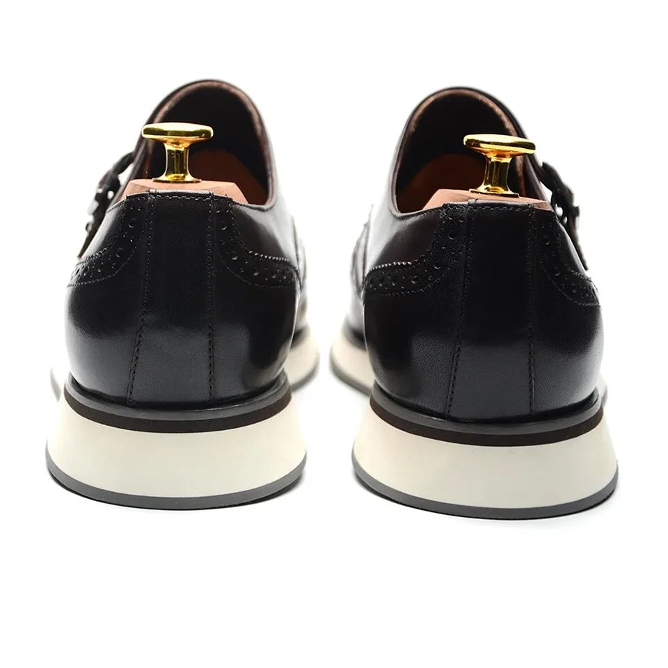 European Luxury Men Sneakers Genuine Cow Leather Monk Strap Basic Double Buckles Wingtip Brogue Casual Office Party Mens Shoes