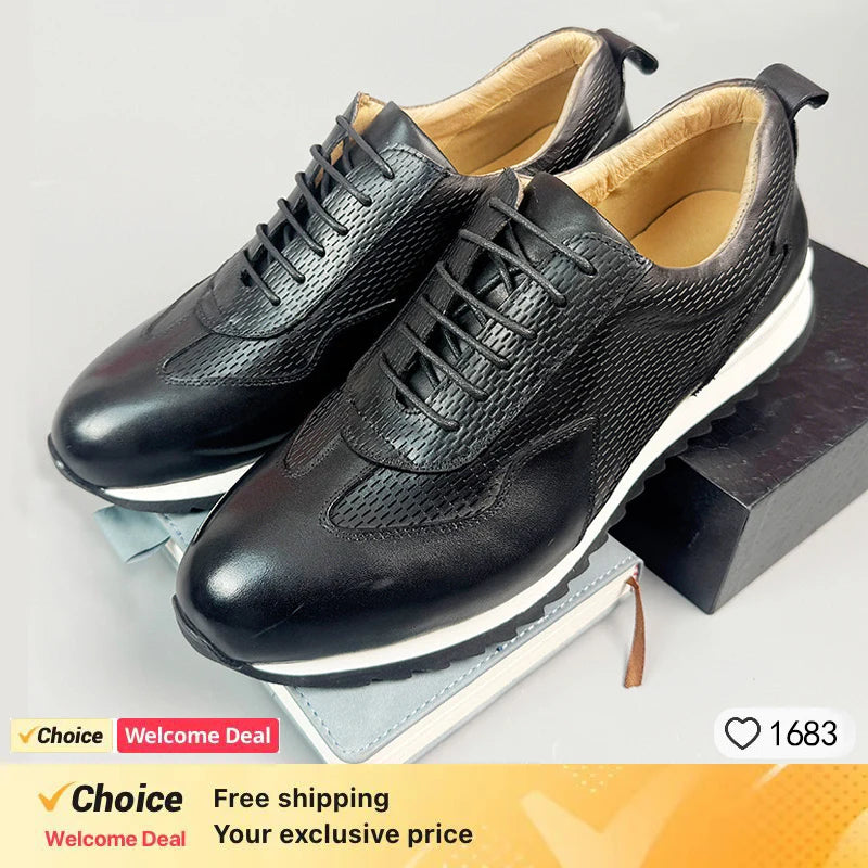 Luxury Business Casual Genuine Natural Cowhide Leather Men's Oxford Sneakers Spring Autumn Crocodile Pattern Anti-slip Footwear