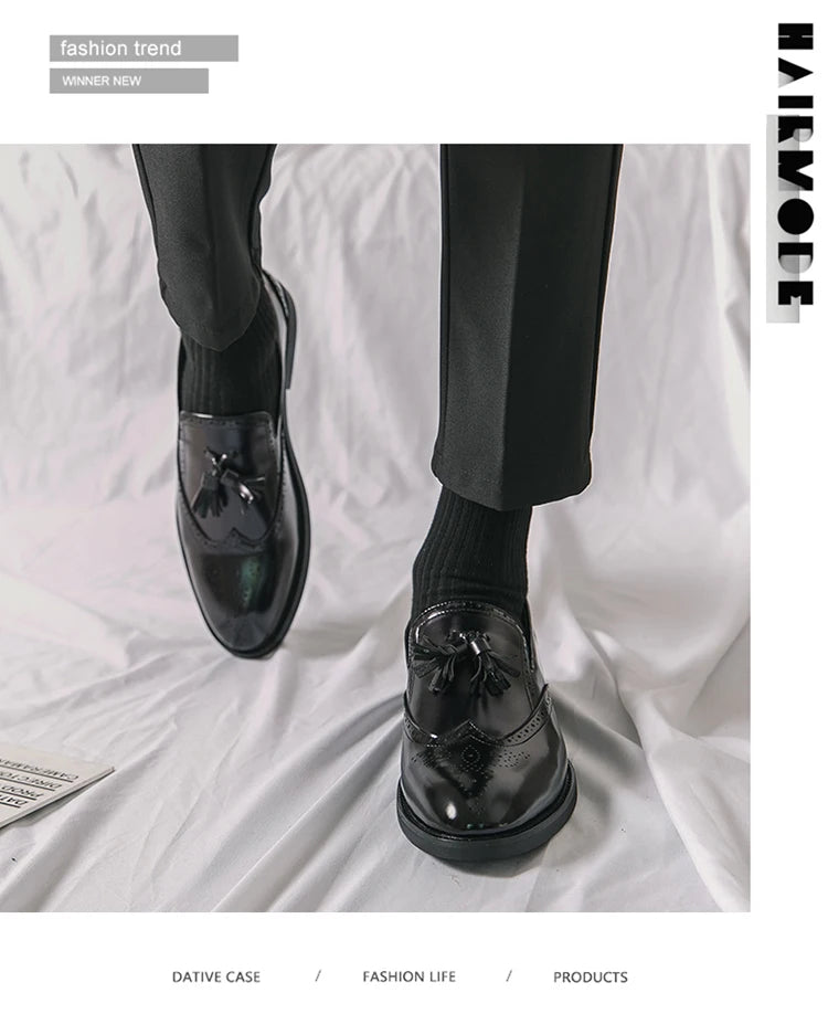 Purple Dress Shoes Man Brogue Shoes Big Size 38-48 Comfortable Slip-On Flat Social Shoe Male Fashion Tassels Mens Leather Shoes
