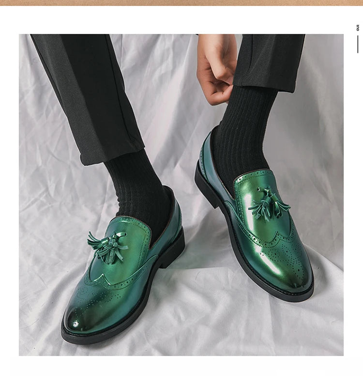 Purple Dress Shoes Man Brogue Shoes Big Size 38-48 Comfortable Slip-On Flat Social Shoe Male Fashion Tassels Mens Leather Shoes