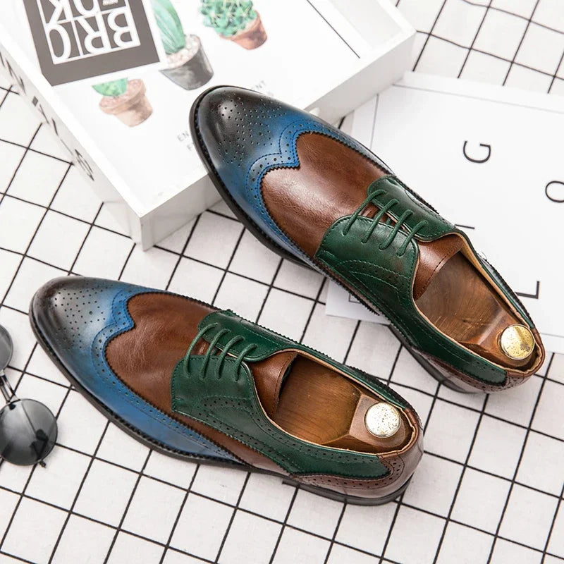 Brown Men's Formal Business Shoes Italian Brand Brogue Color Matching Oxford Dress Leather Shoes Men Fashion Wedding Party Shoes