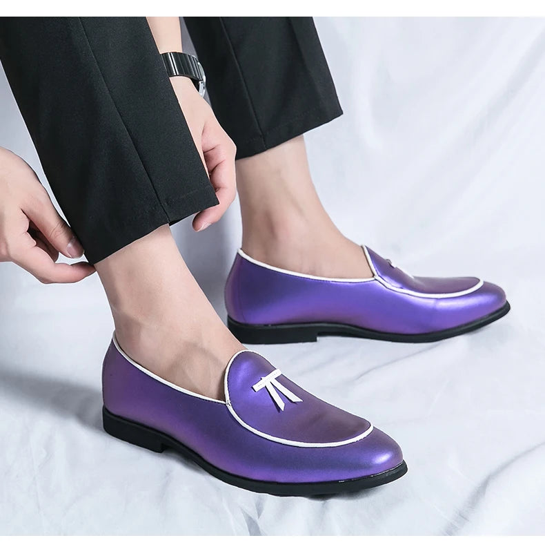 HKDQ Fashion Purple Men's Dress Shoes Trendy Slip-on Social Elegant Evening Shoes Man Lightweight Leather Loafers Shoes For Men