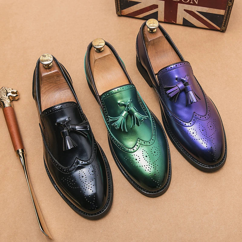 Purple Dress Shoes Man Brogue Shoes Big Size 38-48 Comfortable Slip-On Flat Social Shoe Male Fashion Tassels Mens Leather Shoes