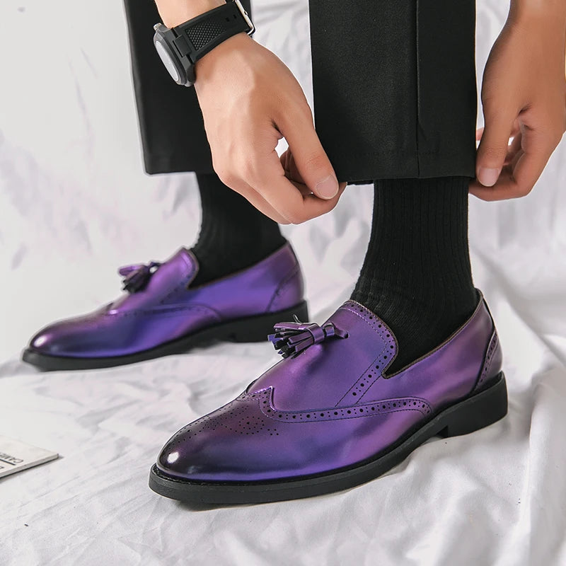 Purple Dress Shoes Man Brogue Shoes Big Size 38-48 Comfortable Slip-On Flat Social Shoe Male Fashion Tassels Mens Leather Shoes