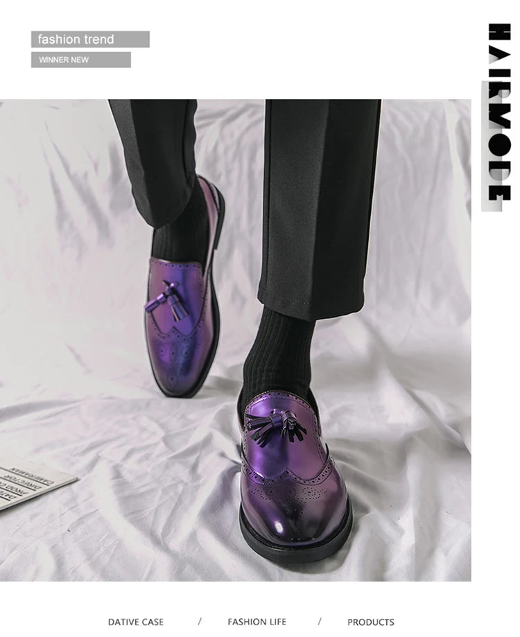 Purple Dress Shoes Man Brogue Shoes Big Size 38-48 Comfortable Slip-On Flat Social Shoe Male Fashion Tassels Mens Leather Shoes