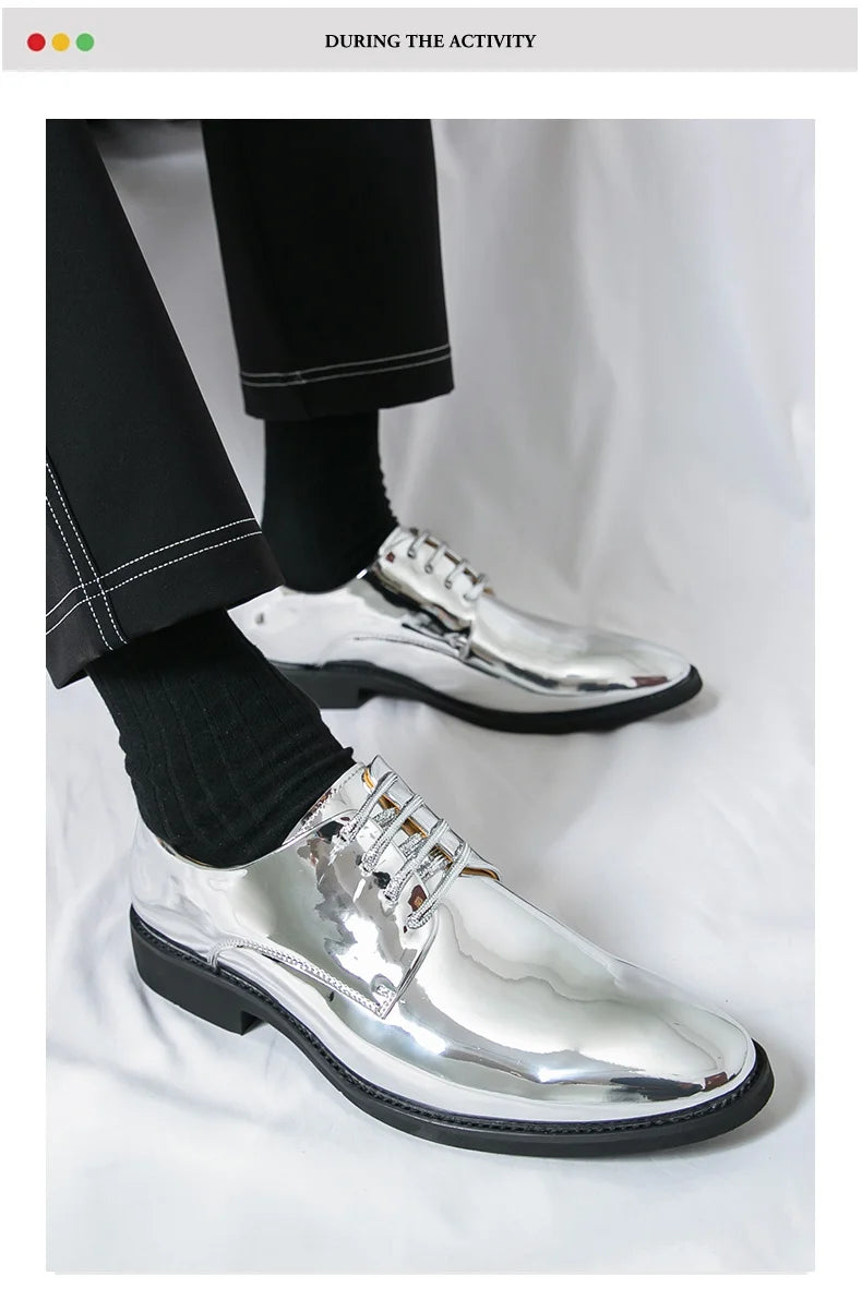 Luxury Silver Man Patent Leather Shoes Large Size 38-50 Party Dress Wedding Shoes Men Pointed toe Leather Shoes Designer Oxford