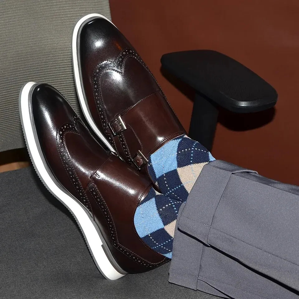 European Luxury Men Sneakers Genuine Cow Leather Monk Strap Basic Double Buckles Wingtip Brogue Casual Office Party Mens Shoes